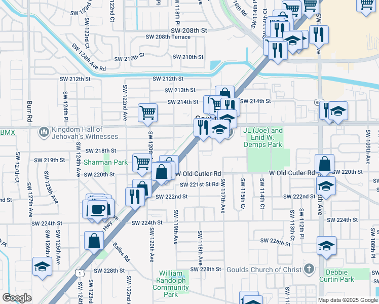 map of restaurants, bars, coffee shops, grocery stores, and more near 21811 U.S. 1 in Goulds