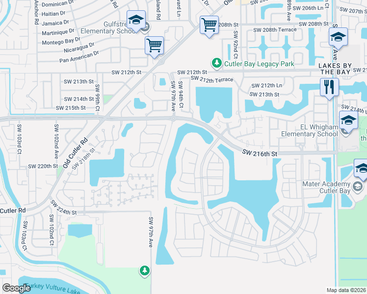 map of restaurants, bars, coffee shops, grocery stores, and more near 9561 Southwest 218th Lane in Cutler Bay