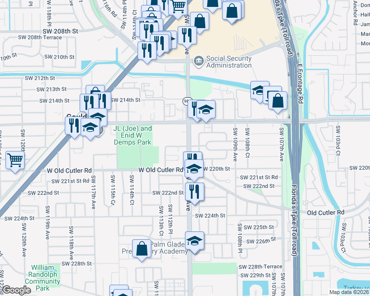 map of restaurants, bars, coffee shops, grocery stores, and more near 11250 Southwest 218th Street in Miami