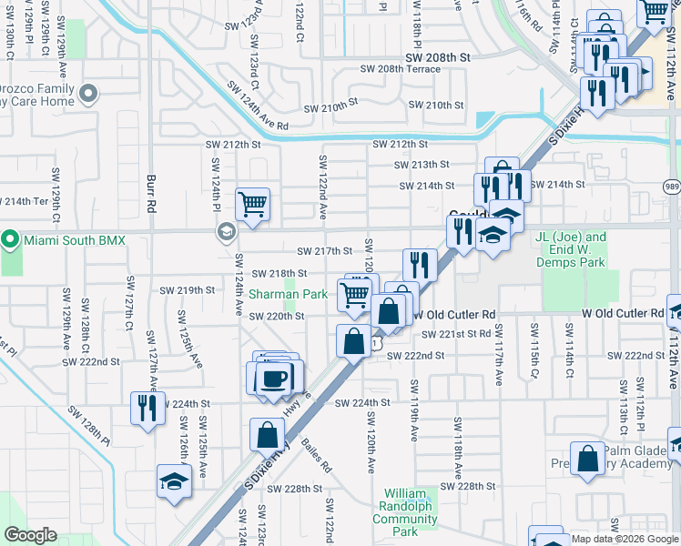 map of restaurants, bars, coffee shops, grocery stores, and more near 12115 Southwest 218th Street in Miami