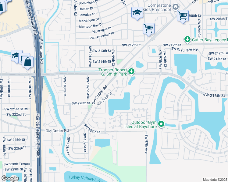 map of restaurants, bars, coffee shops, grocery stores, and more near 21807 Southwest 99th Avenue in Cutler Bay