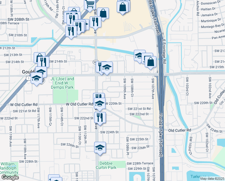 map of restaurants, bars, coffee shops, grocery stores, and more near 10995 Southwest 218th Terrace in Miami