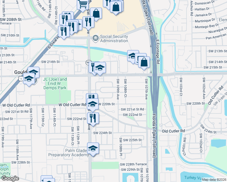 map of restaurants, bars, coffee shops, grocery stores, and more near 10915 Southwest 218th Terrace in Miami