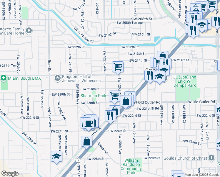 map of restaurants, bars, coffee shops, grocery stores, and more near 12115 Southwest 218th Street in Miami