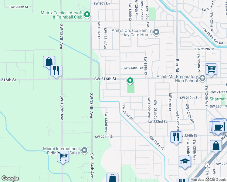 map of restaurants, bars, coffee shops, grocery stores, and more near 13244 Southwest 217th Terrace in Miami