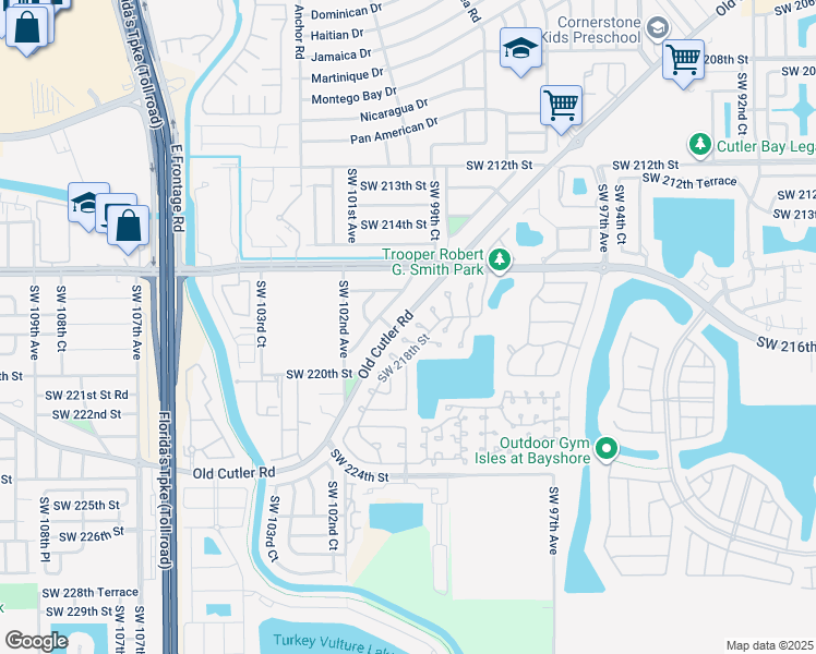 map of restaurants, bars, coffee shops, grocery stores, and more near 21740 Southwest 99th Place in Cutler Bay
