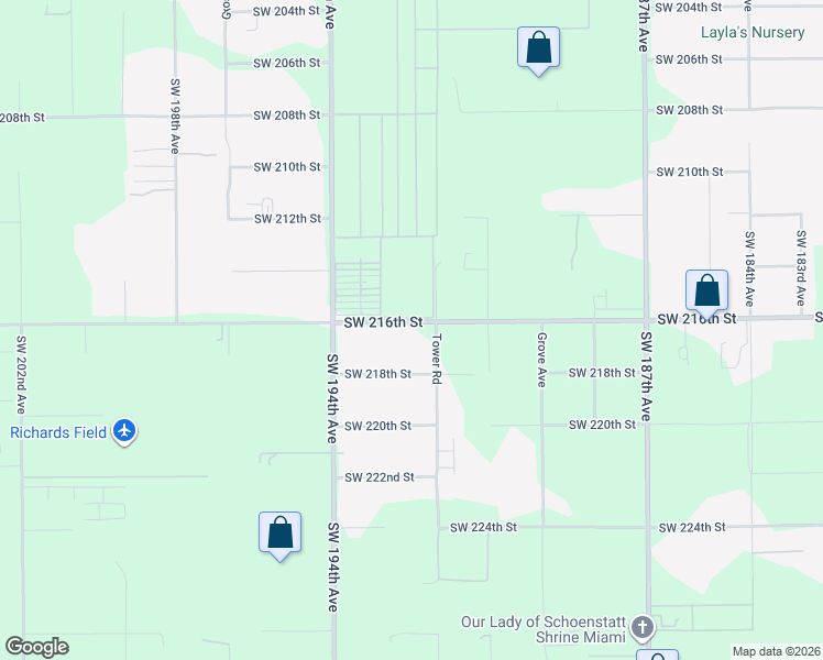 map of restaurants, bars, coffee shops, grocery stores, and more near 19230 Southwest 216th Street in Miami