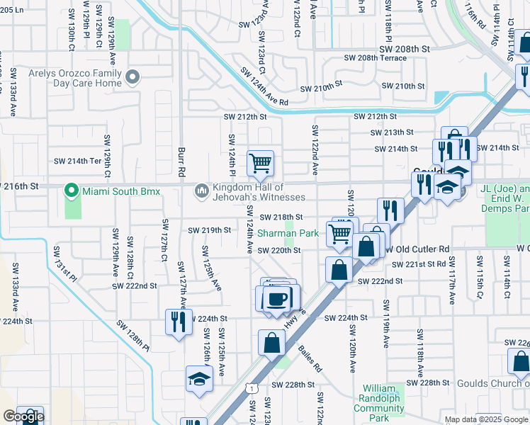 map of restaurants, bars, coffee shops, grocery stores, and more near 21775 Southwest 124th Avenue in Goulds