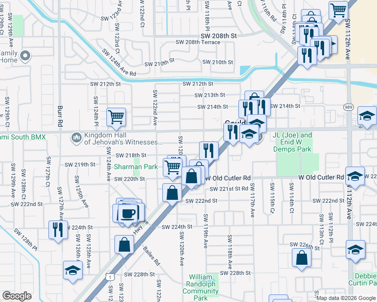 map of restaurants, bars, coffee shops, grocery stores, and more near 21739 Southwest 120th Avenue in Miami