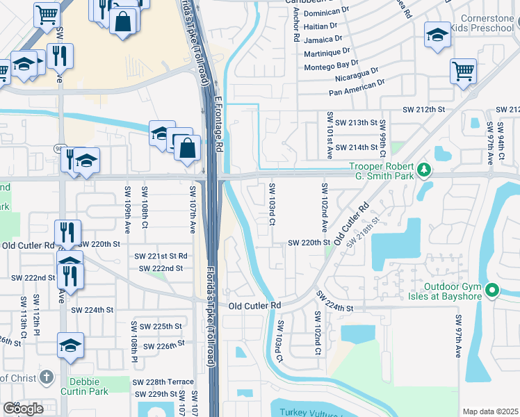 map of restaurants, bars, coffee shops, grocery stores, and more near 21850 Southwest 103rd Court in Cutler Bay