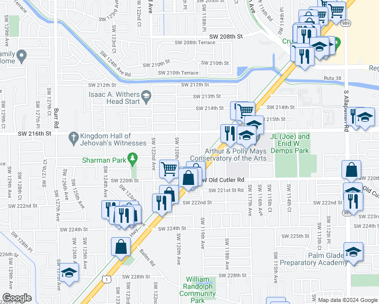 map of restaurants, bars, coffee shops, grocery stores, and more near 11927 Southwest 218th Street in Goulds