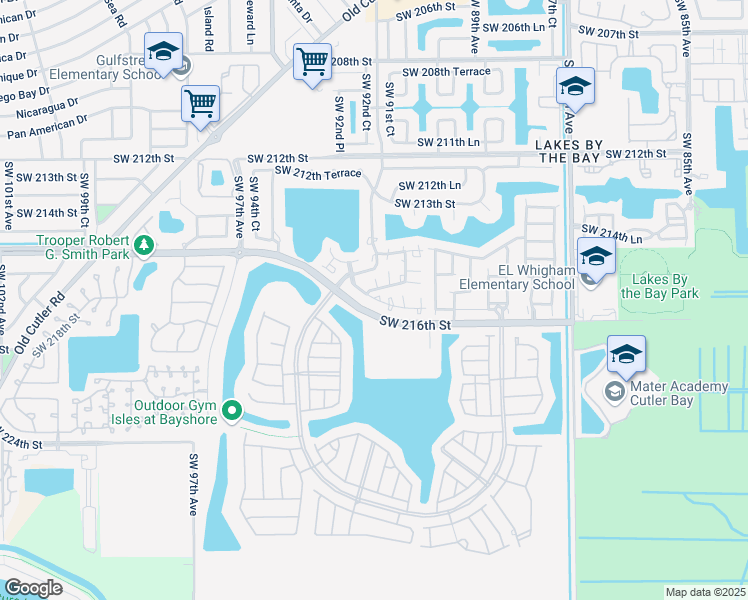 map of restaurants, bars, coffee shops, grocery stores, and more near 9092 Southwest 215th Terrace in Cutler Bay