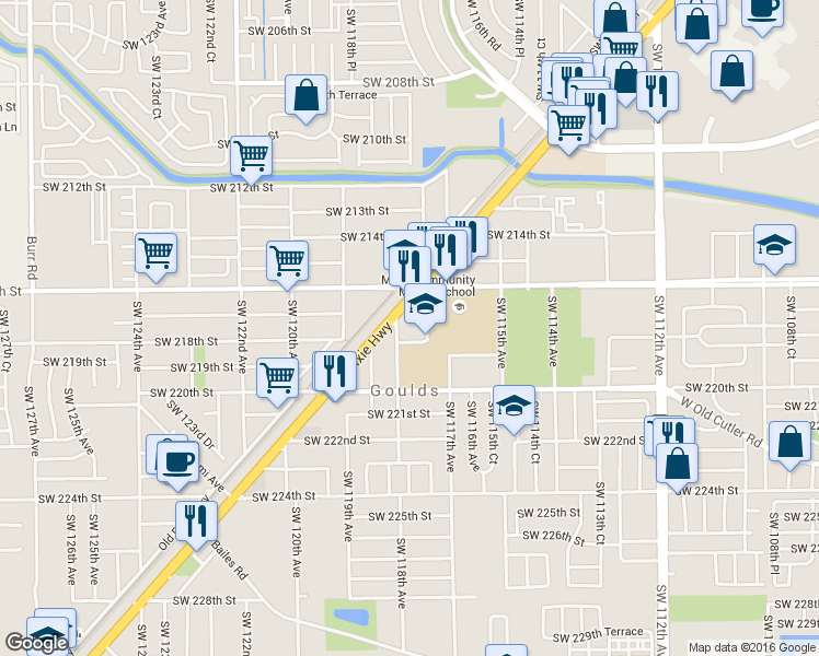 map of restaurants, bars, coffee shops, grocery stores, and more near 21657 S Dixie Hwy in Miami