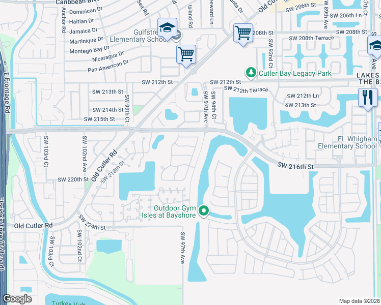 map of restaurants, bars, coffee shops, grocery stores, and more near 9721 Southwest 218th Street in Cutler Bay