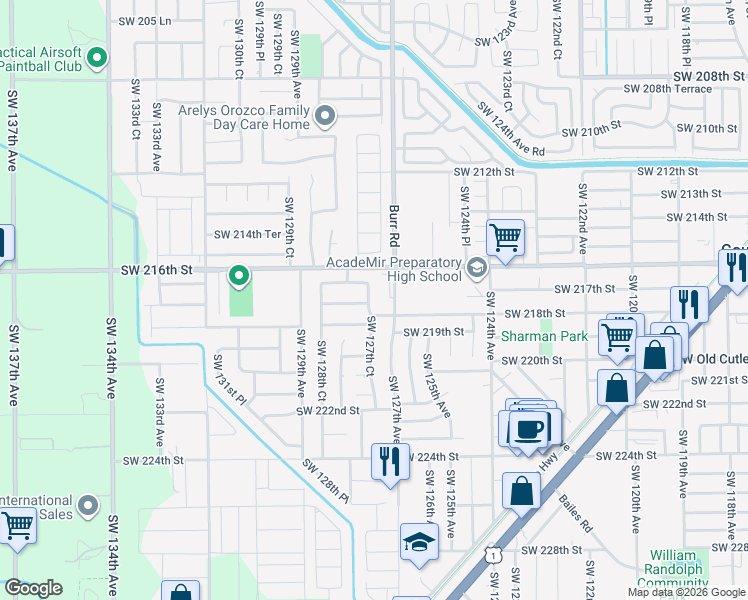 map of restaurants, bars, coffee shops, grocery stores, and more near 12701 Southwest 218th Street in Miami