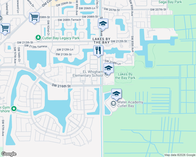map of restaurants, bars, coffee shops, grocery stores, and more near 8750 Southwest 215th Terrace in Cutler Bay