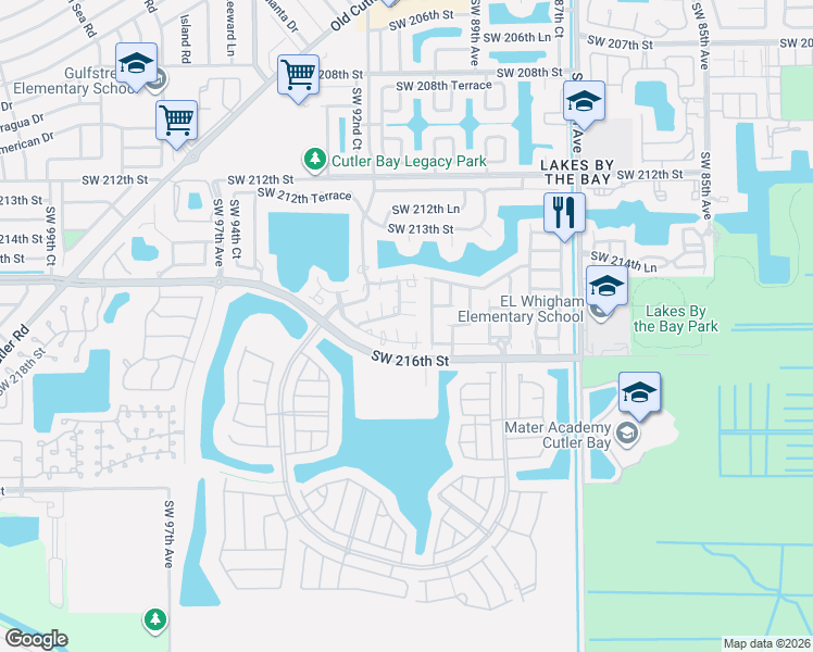 map of restaurants, bars, coffee shops, grocery stores, and more near 21531 Southwest 90th Court in Cutler Bay