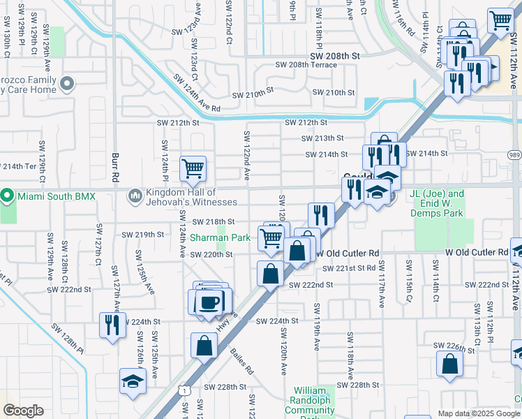 map of restaurants, bars, coffee shops, grocery stores, and more near 12115 Southwest 218th Street in Miami