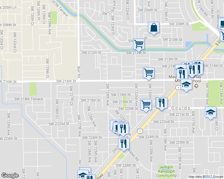 map of restaurants, bars, coffee shops, grocery stores, and more near 21775 Southwest 124th Avenue in Goulds