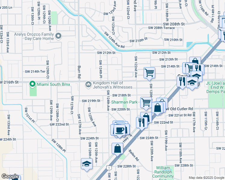 map of restaurants, bars, coffee shops, grocery stores, and more near 12390 Southwest 217th Street in Miami