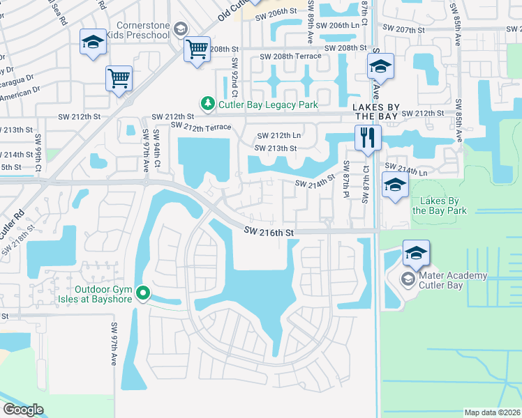 map of restaurants, bars, coffee shops, grocery stores, and more near 21531 Southwest 90th Court in Cutler Bay