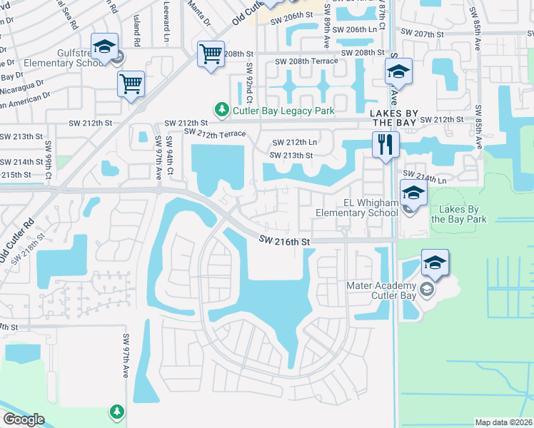 map of restaurants, bars, coffee shops, grocery stores, and more near 21466 Southwest 90th Place in Cutler Bay