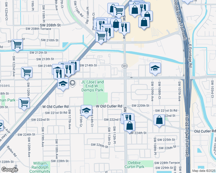 map of restaurants, bars, coffee shops, grocery stores, and more near 11340 Southwest 216th Street in Miami