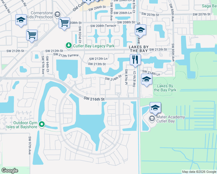 map of restaurants, bars, coffee shops, grocery stores, and more near 21431 Southwest 89th Court in Cutler Bay
