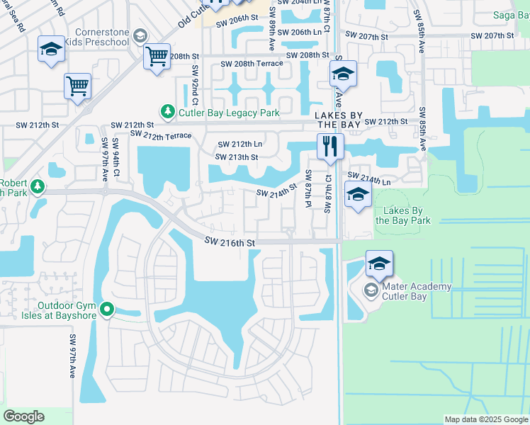 map of restaurants, bars, coffee shops, grocery stores, and more near 21431 Southwest 89th Court in Cutler Bay