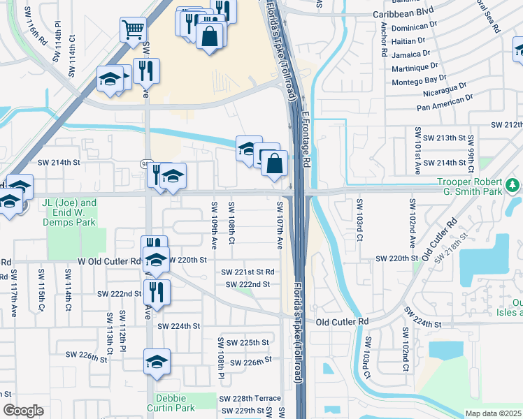 map of restaurants, bars, coffee shops, grocery stores, and more near 10750 Southwest 216th Street in Miami