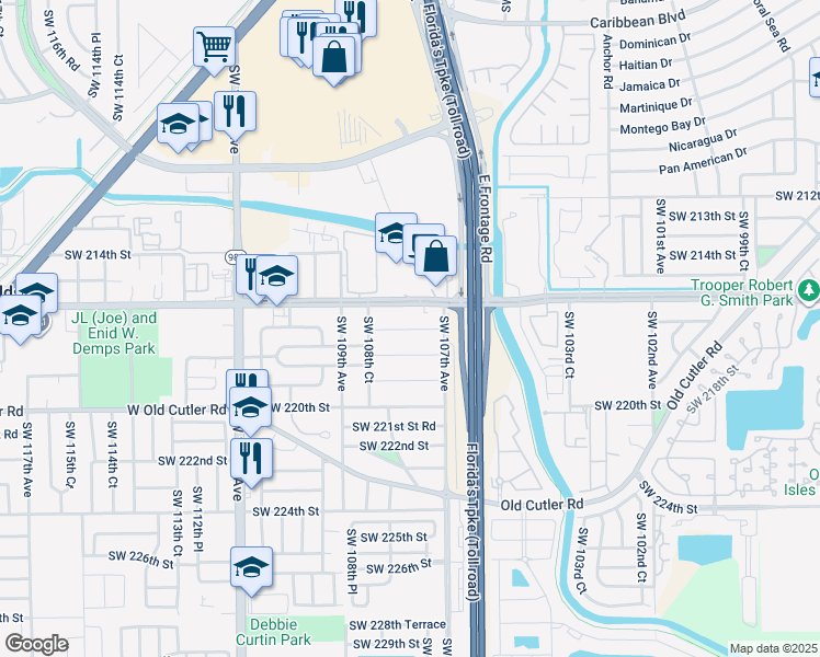 map of restaurants, bars, coffee shops, grocery stores, and more near 10750 Southwest 216th Street in Miami