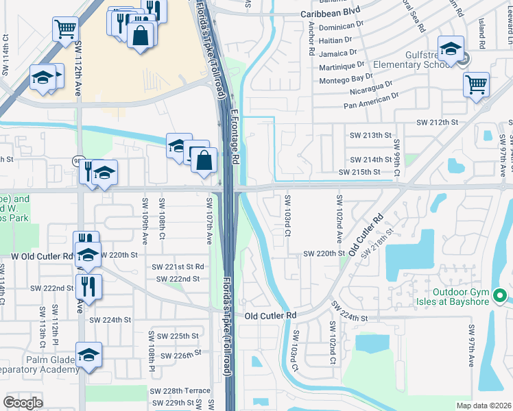 map of restaurants, bars, coffee shops, grocery stores, and more near 21630 Southwest 104th Court in Miami