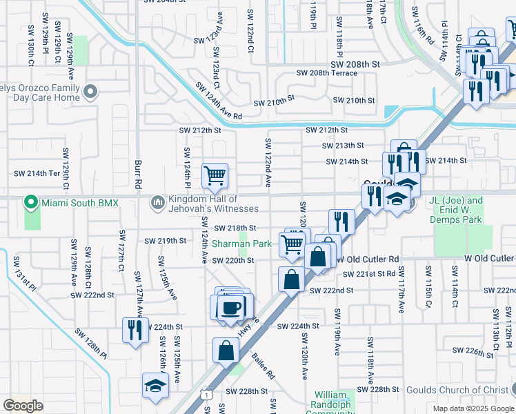map of restaurants, bars, coffee shops, grocery stores, and more near 12233 Southwest 217th Street in Miami