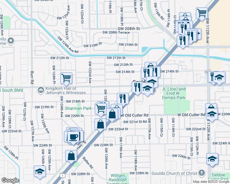map of restaurants, bars, coffee shops, grocery stores, and more near 11920 Southwest 216th Street in Miami