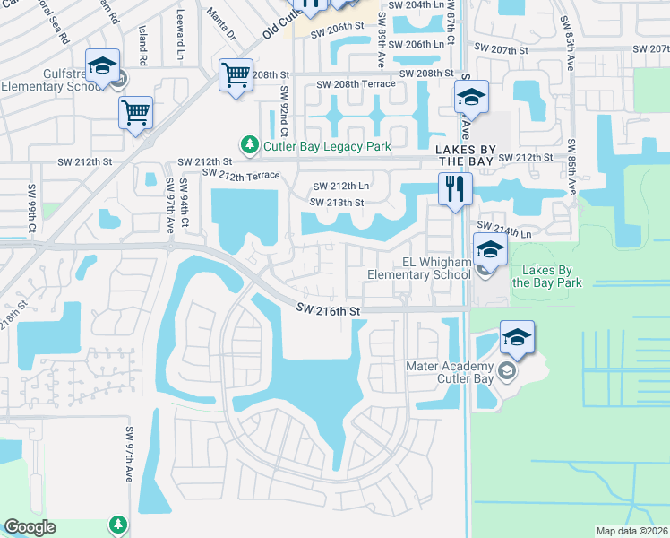 map of restaurants, bars, coffee shops, grocery stores, and more near 9019 Southwest 214th Lane in Cutler Bay