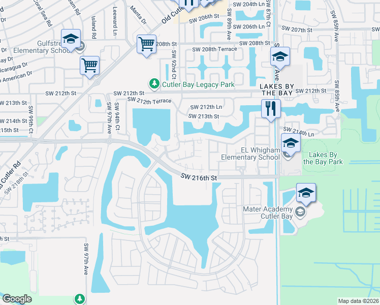 map of restaurants, bars, coffee shops, grocery stores, and more near 9019 Southwest 214th Lane in Cutler Bay
