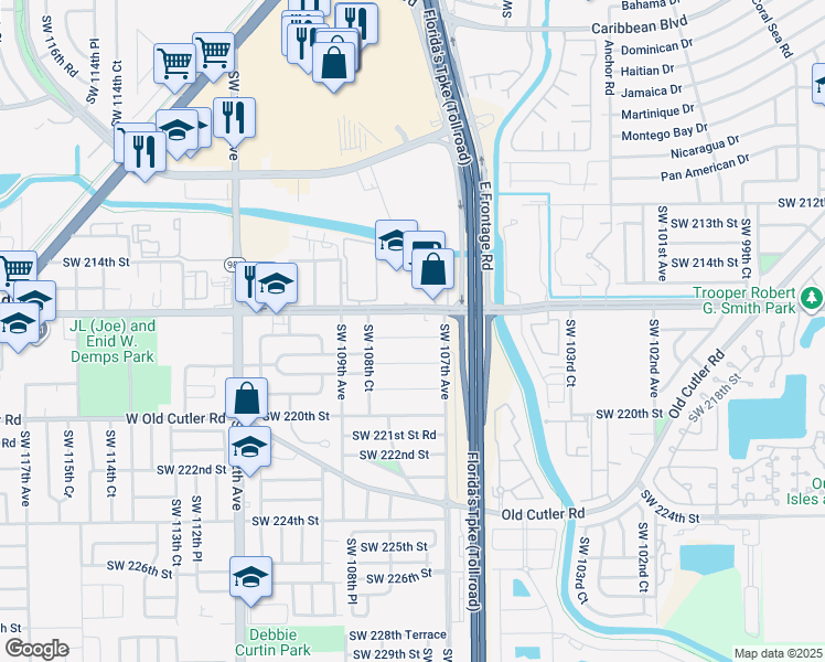 map of restaurants, bars, coffee shops, grocery stores, and more near 10750 Southwest 216th Street in Miami