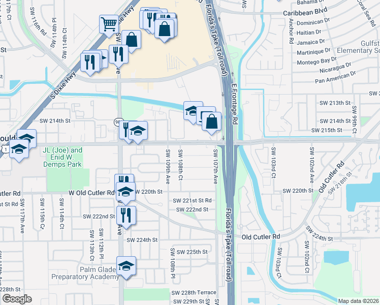 map of restaurants, bars, coffee shops, grocery stores, and more near 10820 Southwest 216th Street in Goulds