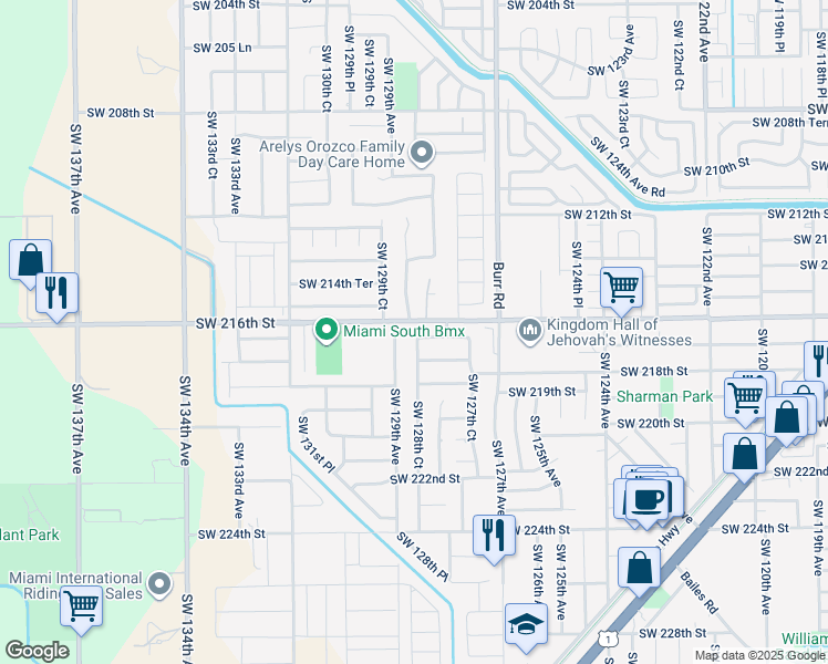 map of restaurants, bars, coffee shops, grocery stores, and more near 12841 Southwest 216th Terrace in Miami