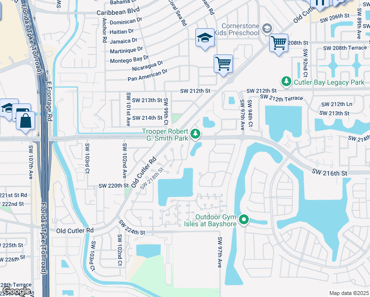 map of restaurants, bars, coffee shops, grocery stores, and more near 21661 Southwest 98th Place in Cutler Bay