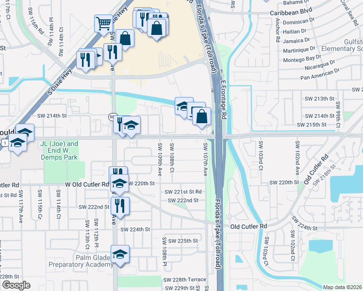 map of restaurants, bars, coffee shops, grocery stores, and more near 10820 Southwest 216th Street in Goulds