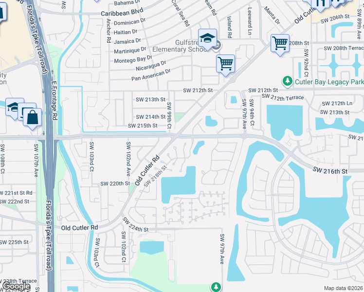 map of restaurants, bars, coffee shops, grocery stores, and more near 21700 Southwest 99th Avenue in Cutler Bay