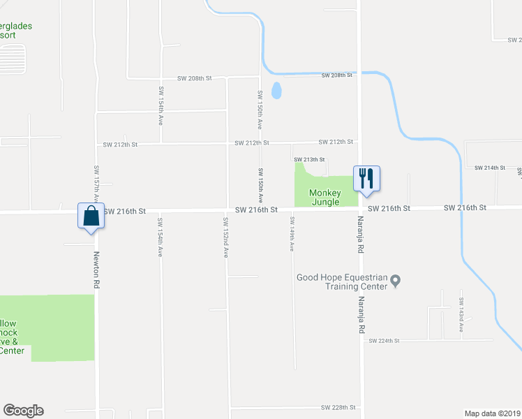 map of restaurants, bars, coffee shops, grocery stores, and more near 15055 Southwest 216th Street in Miami