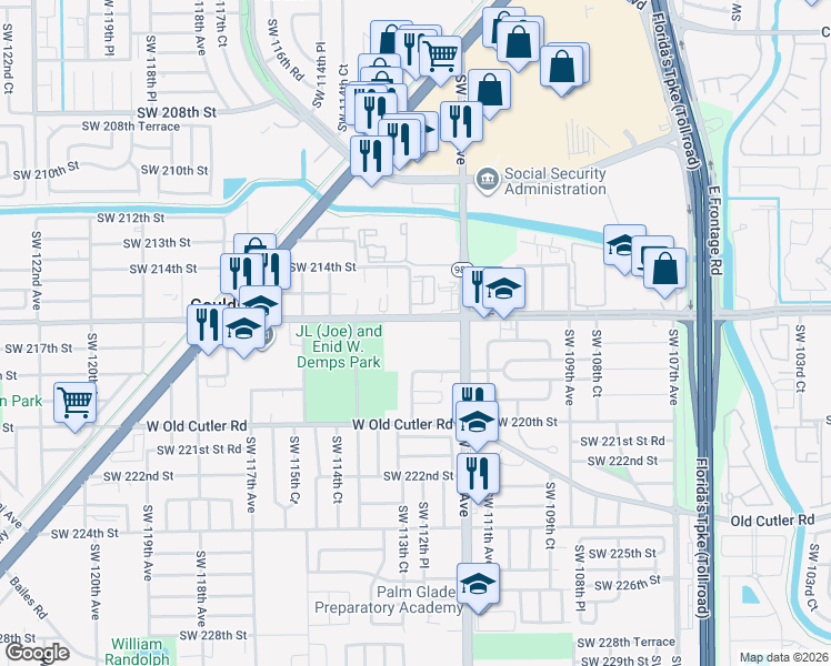 map of restaurants, bars, coffee shops, grocery stores, and more near 11340 Southwest 216th Street in Miami