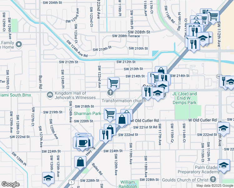 map of restaurants, bars, coffee shops, grocery stores, and more near 21675 Southwest 120th Avenue in Miami