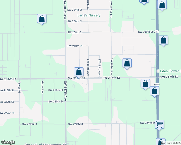 map of restaurants, bars, coffee shops, grocery stores, and more near 21505 Southwest 184th Avenue in Miami