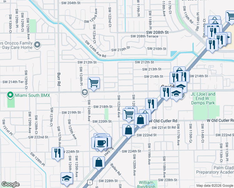 map of restaurants, bars, coffee shops, grocery stores, and more near 12230 Southwest 216th Street in Miami