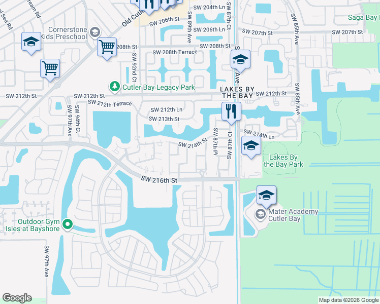 map of restaurants, bars, coffee shops, grocery stores, and more near 21431 Southwest 89th Court in Cutler Bay