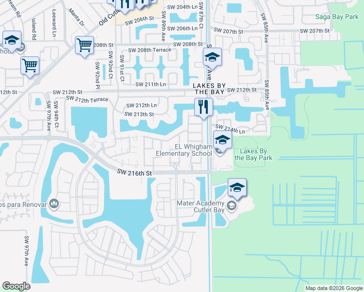map of restaurants, bars, coffee shops, grocery stores, and more near 21451 Southwest 88th Avenue in Cutler Bay