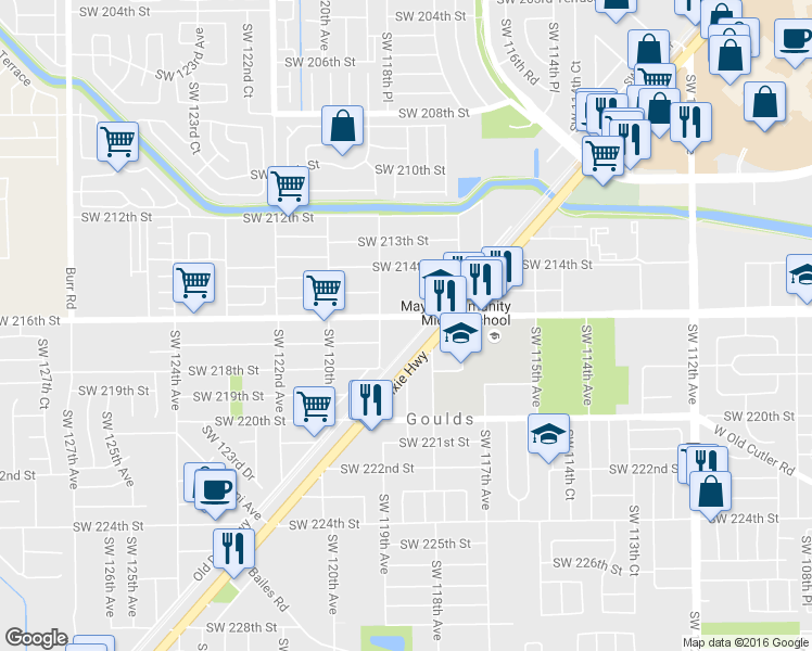 map of restaurants, bars, coffee shops, grocery stores, and more near 11846 Southwest 216th Street in Miami